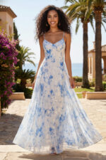 White & Blue Floral Print Burnout Chiffon Vacation Dress
