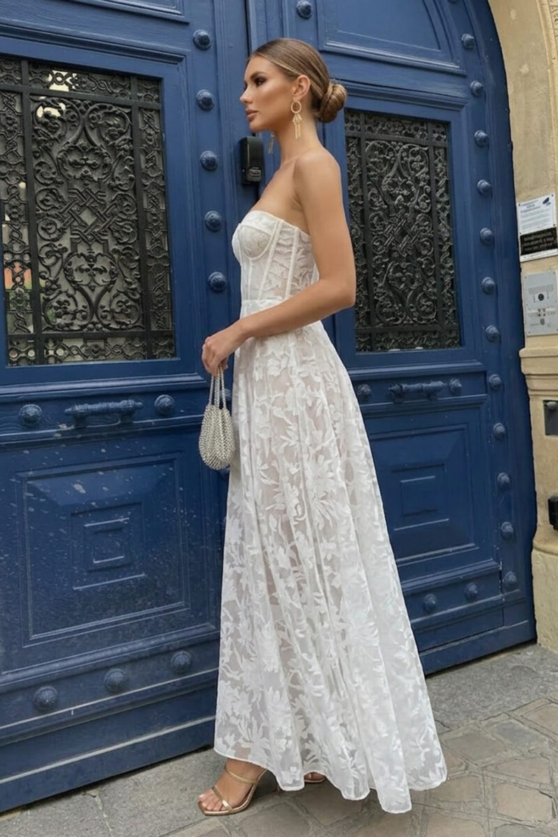 White Floral Burnout Chiffon Sweetheart Graduation Dress with Corset Bodice