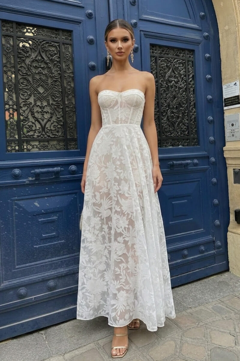 White Floral Burnout Chiffon Sweetheart Graduation Dress with Corset Bodice