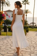 White Square Neck Tie-Strap Chiffon Midi Dress with Ruffle Slit
