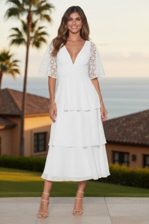 White V-Neck Lace Flare Sleeve Tiered Chiffon Midi Dress