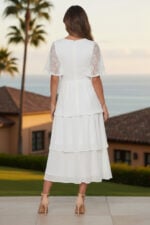 White V-Neck Lace Flare Sleeve Tiered Chiffon Midi Dress