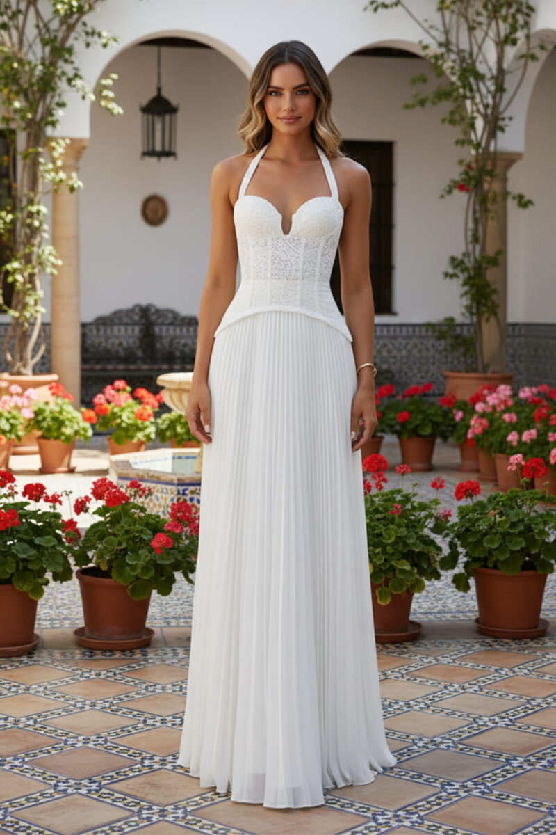 A-line White Lace & Pleated Chiffon Corset Vacation Dress A-line White Lace & Pleated Chiffon Corset Vacation Dress