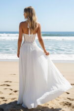 A-line White Lace & Pleated Chiffon Corset Vacation Dress