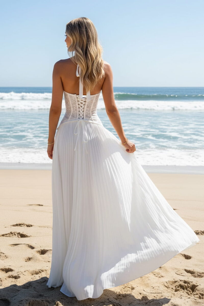 A-line White Lace & Pleated Chiffon Corset Vacation Dress