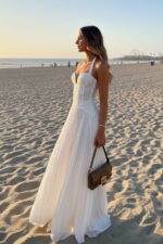 A-line White Lace & Pleated Chiffon Corset Vacation Dress