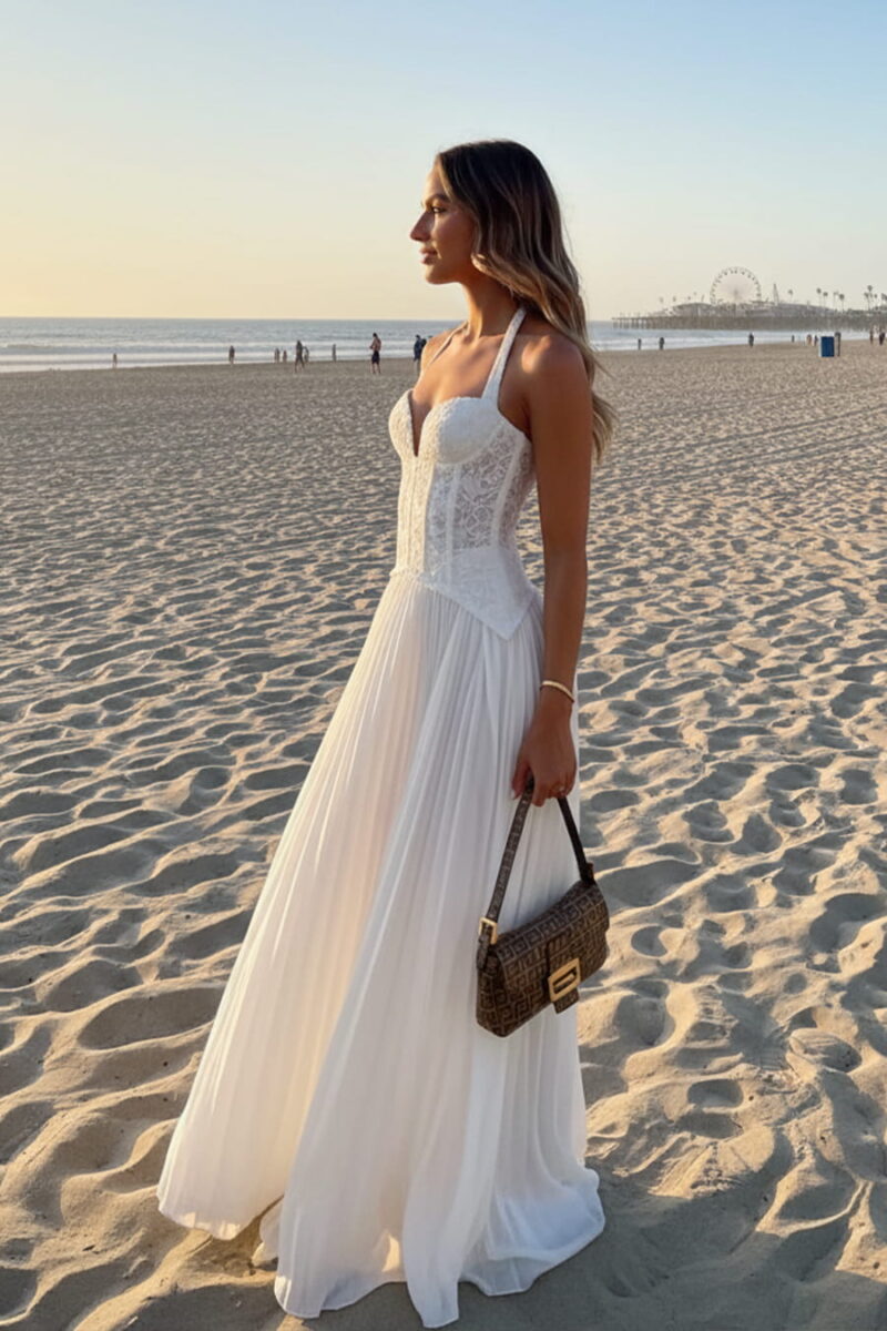 A-line White Lace & Pleated Chiffon Corset Vacation Dress