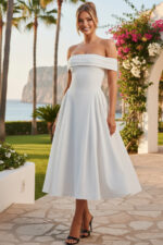 White Crepe Off-the-Shoulder A-Line Midi Cocktail Dress