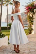 White Crepe Off-the-Shoulder A-Line Midi Cocktail Dress