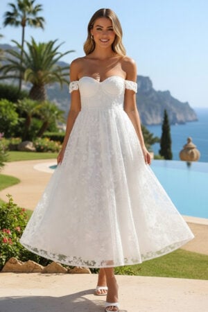 White Off-the-Shoulder Floral Lace Midi Dress