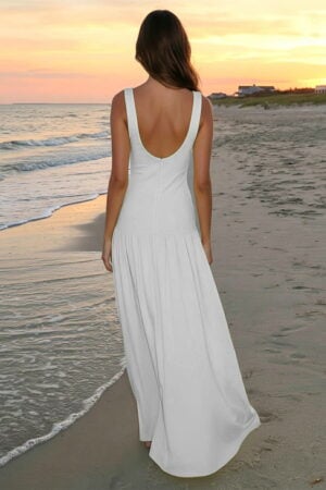 White Scoop Neck Drop-Waist Maxi Dress