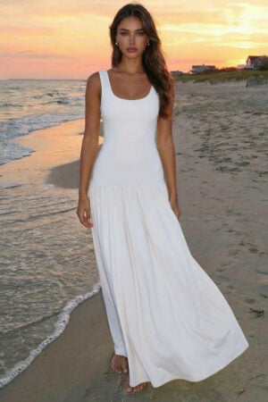 White Scoop Neck Drop-Waist Maxi Dress