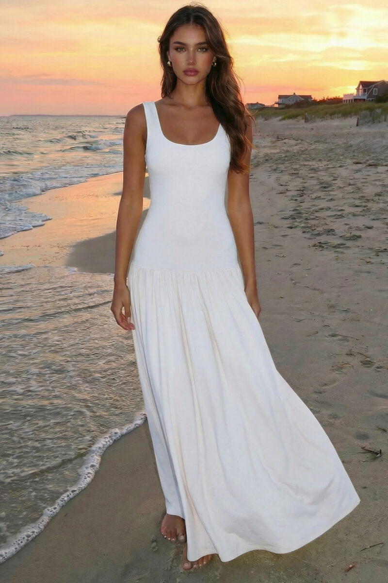 White Scoop Neck Drop-Waist Maxi Dress White Scoop Neck Drop-Waist Maxi Dress