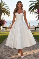 White Floral Jacquard Midi Dress with Lace-Up Back