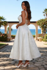 White Floral Jacquard Midi Dress with Lace-Up Back