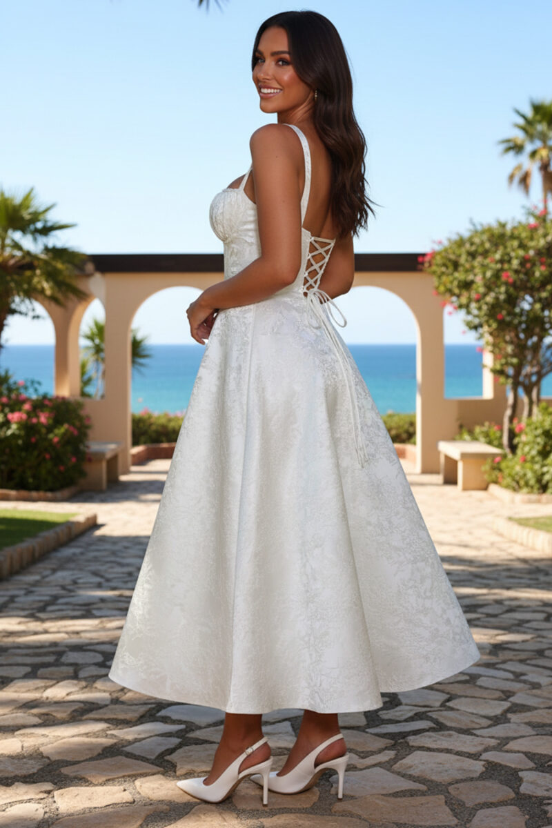 White Floral Jacquard Midi Dress with Lace-Up Back