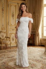 White Off-the-Shoulder Sequin Formal Gown with 3D Rosette Accents