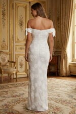 White Off-the-Shoulder Sequin Formal Gown with 3D Rosette Accents