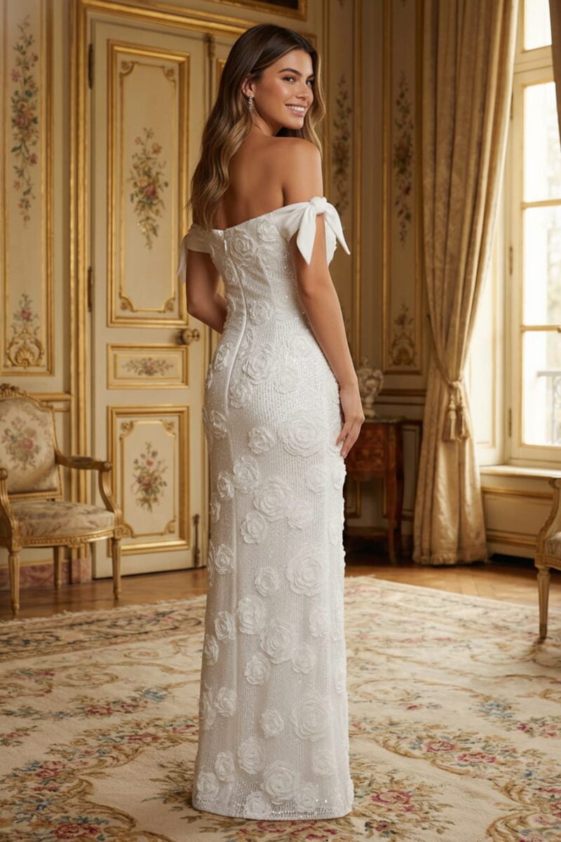 White Off-the-Shoulder Sequin Formal Gown with 3D Rosette Accents