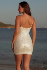 White Bodycon Sequin Mini Dress with Spaghetti Straps