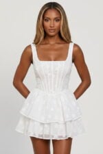 White Burnout Chiffon Tiered Ruffle Square Neck Corset Mini Party Dress