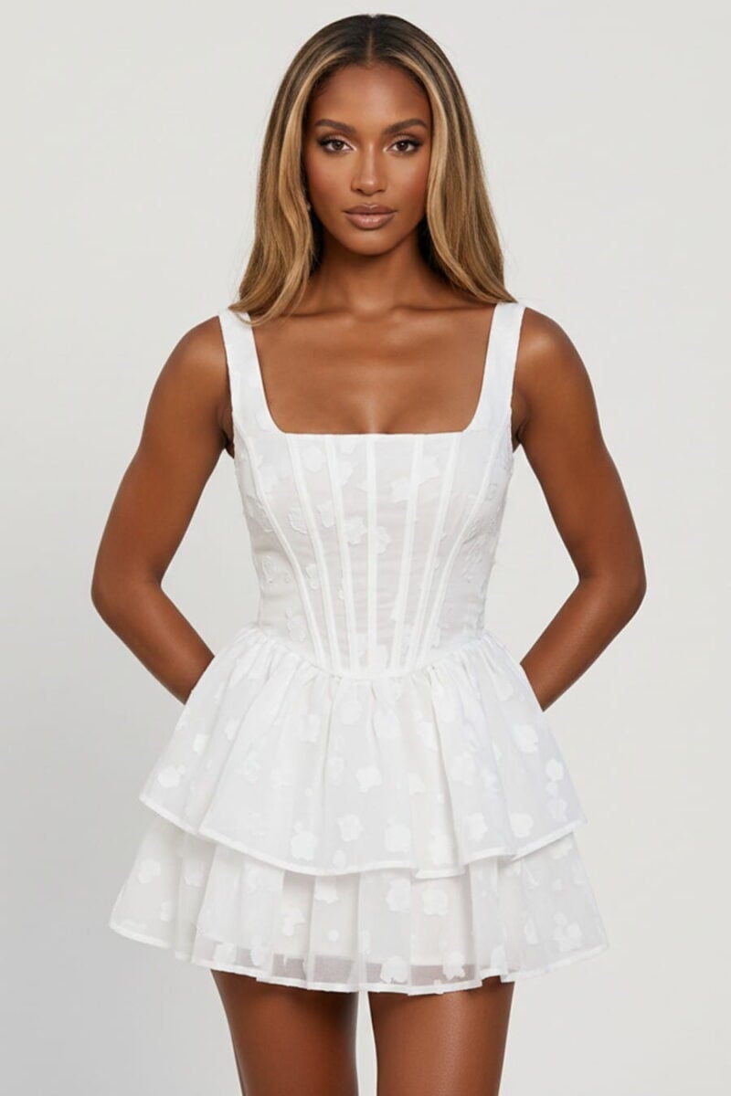 White Burnout Chiffon Tiered Ruffle Square Neck Corset Mini Party Dress