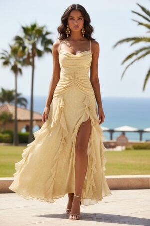 Yellow Floral Chiffon Cowl Neck Ruffle Slit Maxi Dress