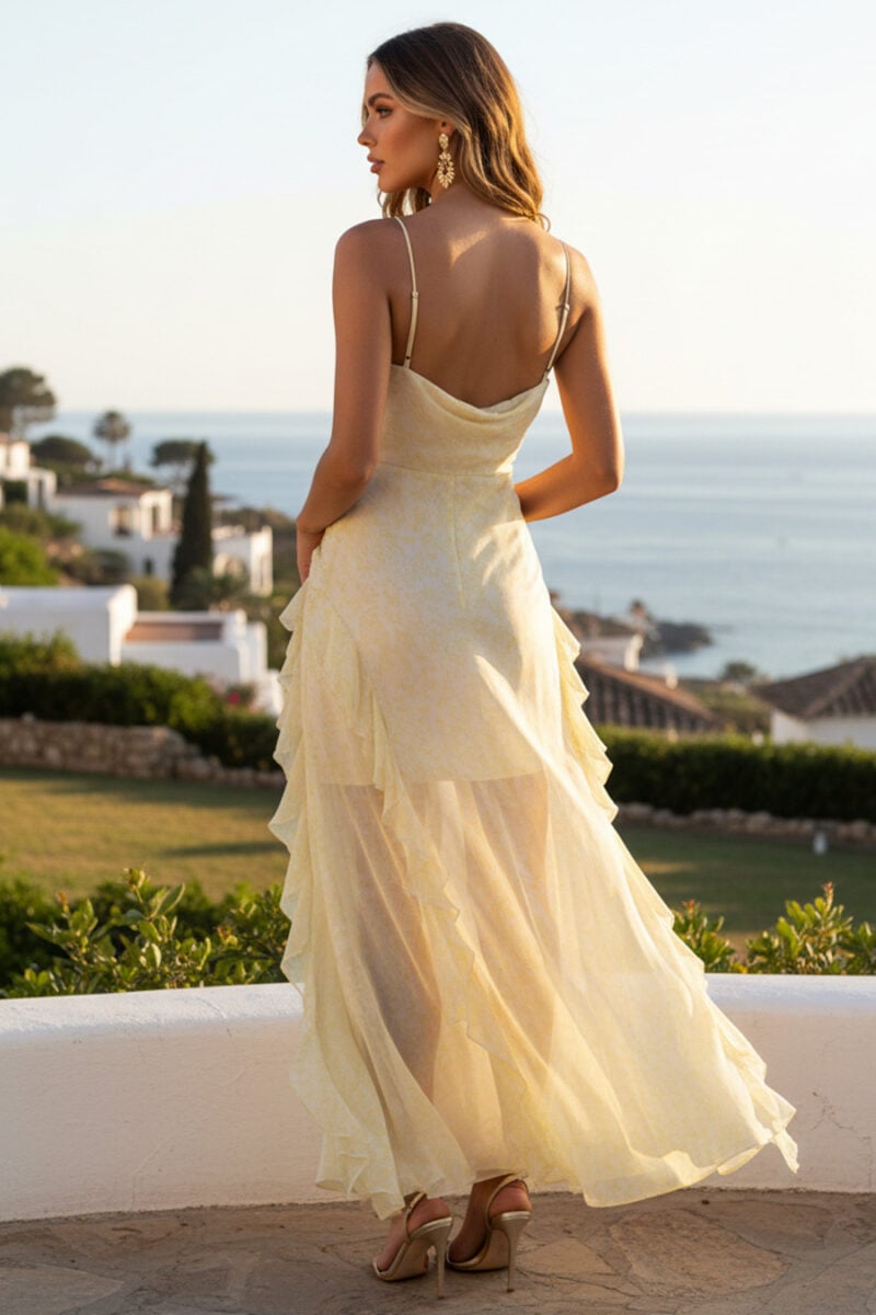 Yellow Floral Chiffon Cowl Neck Ruffle Slit Maxi Dress