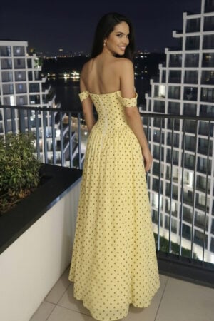 Yellow Polka Dot Chiffon Off-the-Shoulder Maxi Dress