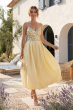 Yellow Sequin & Crepe Bubble Hem Spaghetti Strap Cocktail Dress