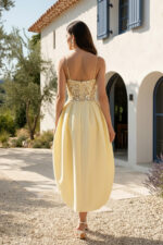 Yellow Sequin & Crepe Bubble Hem Spaghetti Strap Cocktail Dress