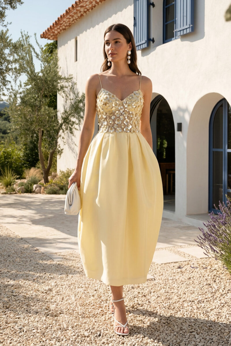Yellow Sequin & Crepe Bubble Hem Spaghetti Strap Cocktail Dress