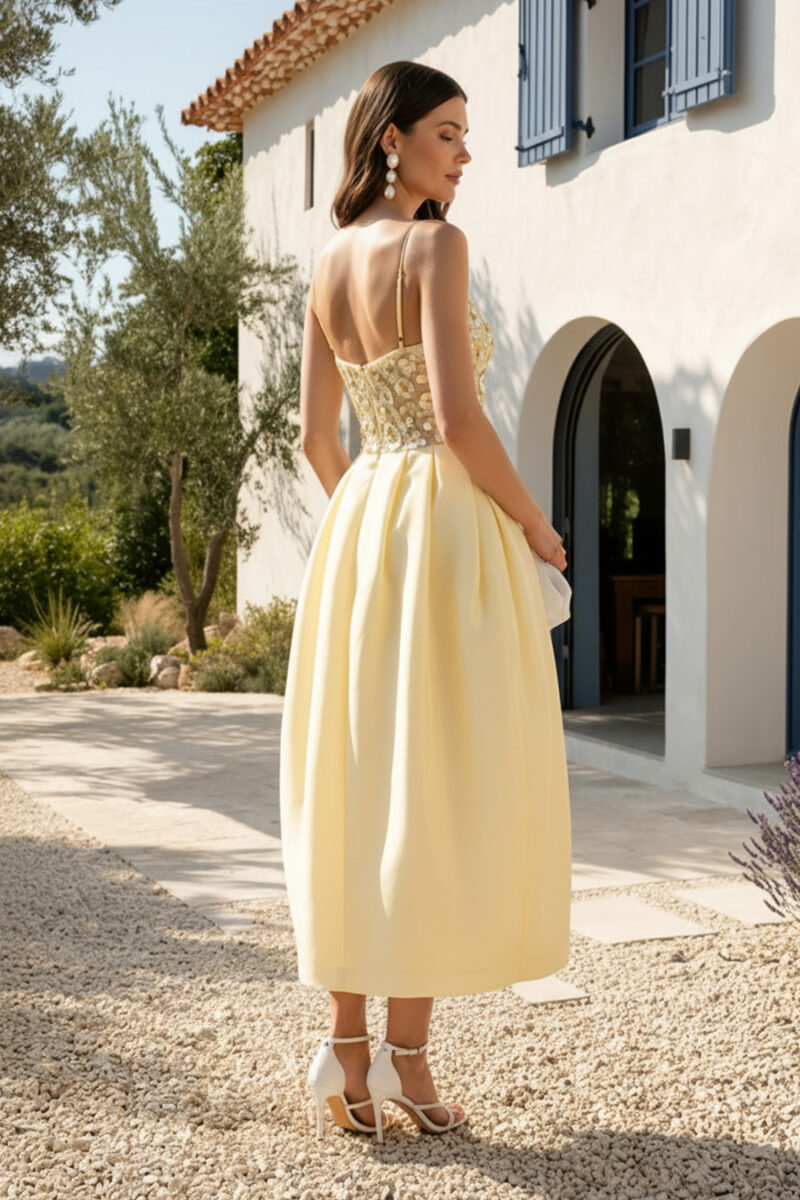 Yellow Sequin & Crepe Bubble Hem Spaghetti Strap Cocktail Dress