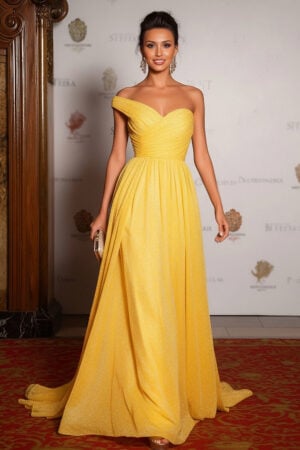Yellow One-Shoulder Glitter A-Line Gown with High Slit and Ruched Bodice