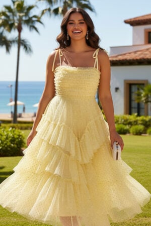 Yellow Dot Tulle High-Low Tiered Ruffle Midi Dress