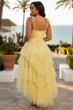 Yellow Dot Tulle High-Low Tiered Ruffle Midi Dress