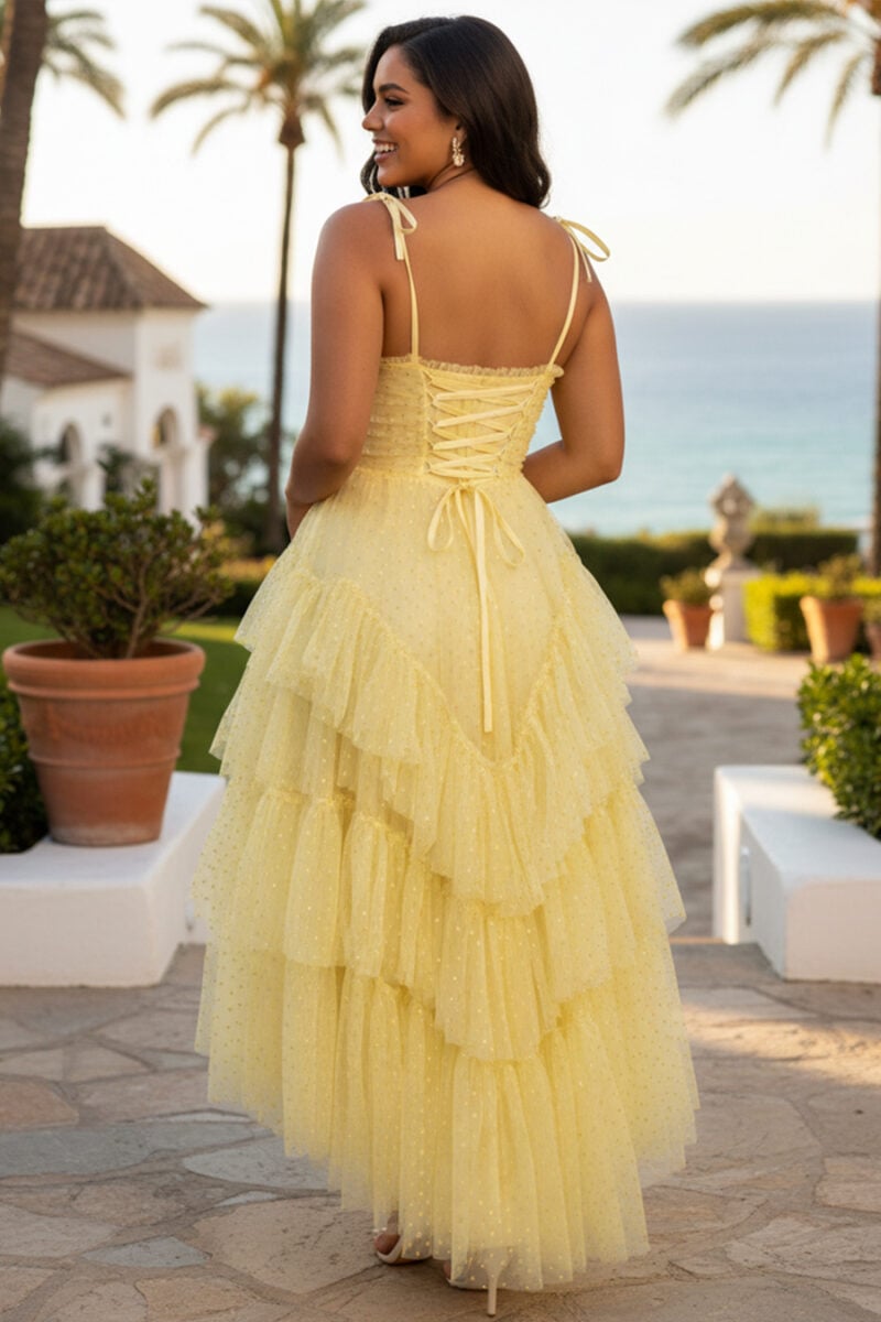 Yellow Dot Tulle High-Low Tiered Ruffle Midi Dress