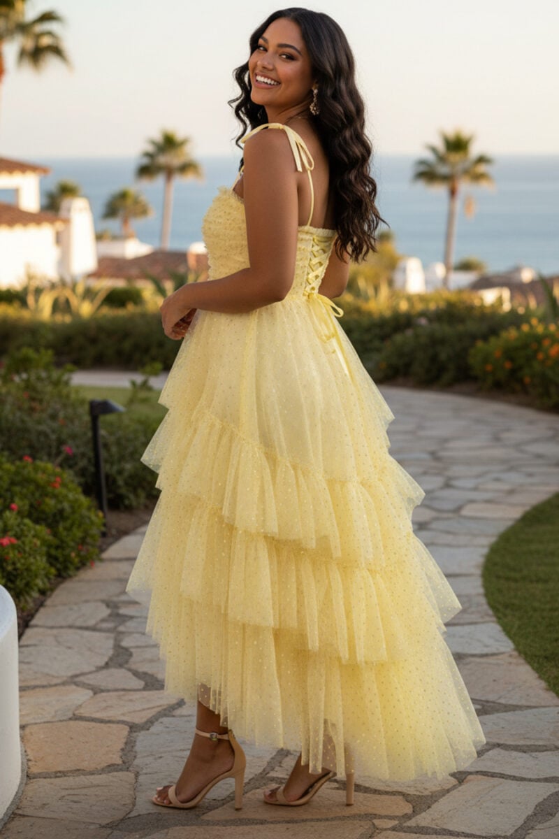 Yellow Dot Tulle High-Low Tiered Ruffle Midi Dress