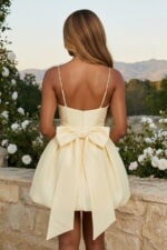Yellow Satin Bubble Hem Spaghetti Straps Mini Party Dress