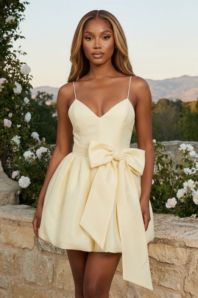 Yellow Satin Bubble Hem Spaghetti Straps Mini Party Dress