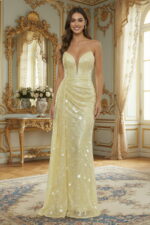 Yellow Sequin Mermaid Deep V-neck Prom Maxi Dress