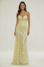 Yellow Sequin Mermaid Deep V-neck Prom Maxi Dress