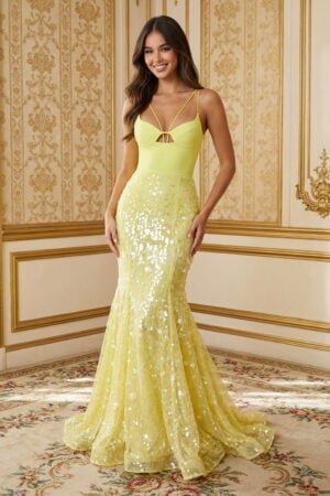 Yellow Spandex & Sequin Mermaid Prom Gown with Cutout Bodice