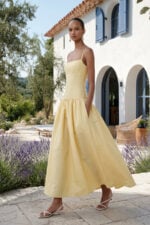 Yellow Crepe Square Neck Ankle-Length Wedding Guest Dress with Pockets