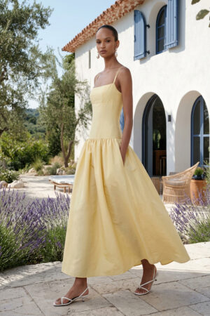 Yellow Crepe Square Neck Ankle-Length Wedding Guest Dress with Pockets