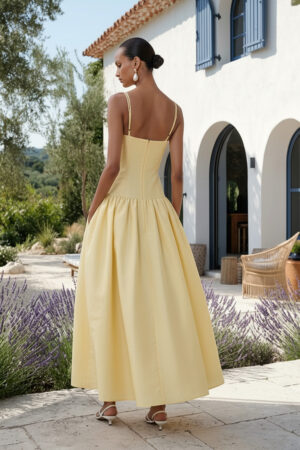 Yellow Crepe Square Neck Ankle-Length Wedding Guest Dress with Pockets