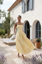 Yellow Crepe Square Neck Ankle-Length Wedding Guest Dress with Pockets