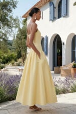 Yellow Crepe Square Neck Ankle-Length Wedding Guest Dress with Pockets