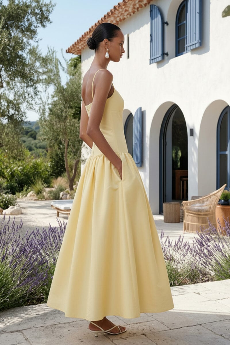 Yellow Crepe Square Neck Ankle-Length Wedding Guest Dress with Pockets