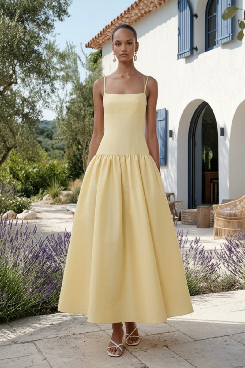 Yellow Crepe Square Neck Ankle-Length Wedding Guest Dress with Pockets